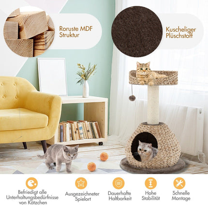 Small cat tree with cave & natural sisal & handmade basket φ 48 x 70.5 cm