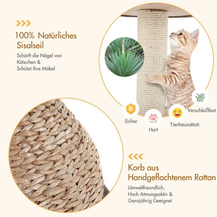 Small cat tree with cave & natural sisal & handmade basket φ 48 x 70.5 cm