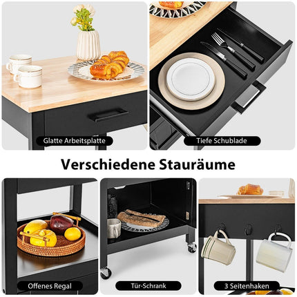 Small kitchen trolley on wheels with cupboard & drawer & 3 hooks serving trolley black