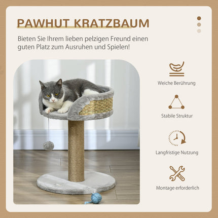 Cat scratching post with play ball and bed, gray