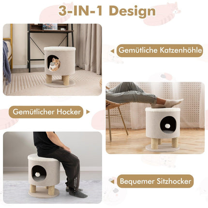 Small scratching post with soft seat & 3 sisal scratching posts & ball stool 40 x 40 x 47 cm beige