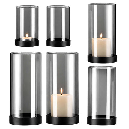 Smoked Glass Candle Holders Set of 6 with Metal Bases
