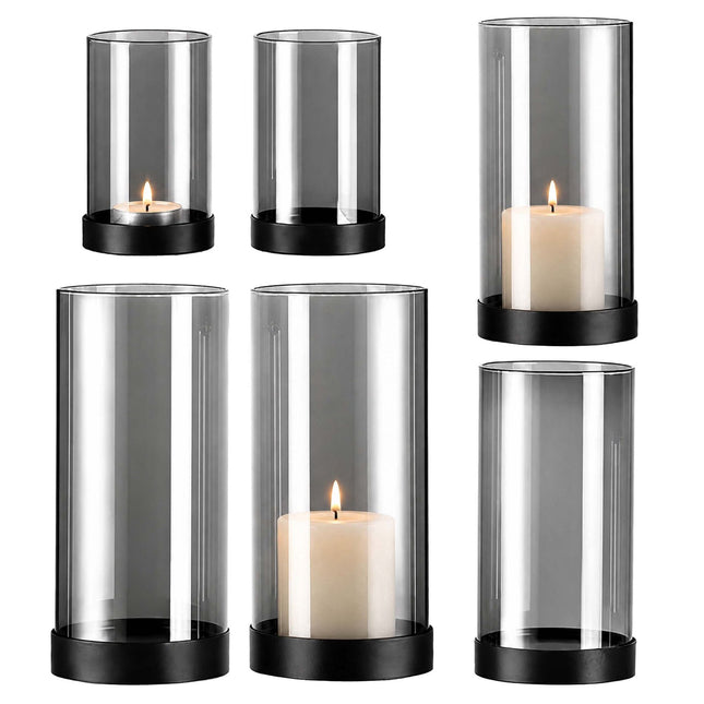 Smoked Glass Candle Holders Set of 6 with Metal Bases