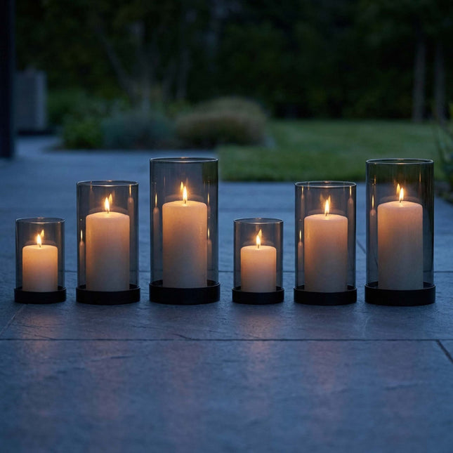 Smoked Glass Candle Holders Set of 6 with Metal Bases