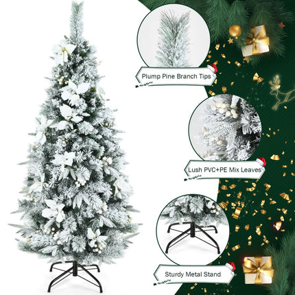 Snow-Flocked Pencil Christmas Tree, 5ft, Berries
