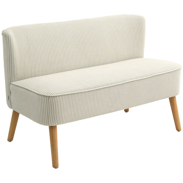 Bank 2-zits moderne bank zonder armleuningen, gestoffeerde bank met corduroy look, kleine loungebank met houten poten voor woonkamer, 117 x 56,5 x 77 cm, crèmewit