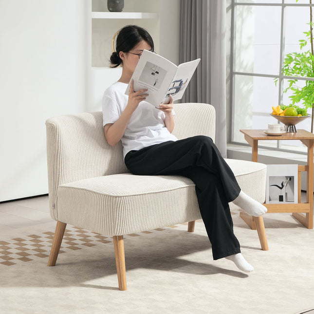 Bank 2-zits moderne bank zonder armleuningen, gestoffeerde bank met corduroy look, kleine loungebank met houten poten voor woonkamer, 117 x 56,5 x 77 cm, crèmewit