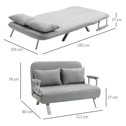 Adjustable light gray two-seater sofa bed with cushions