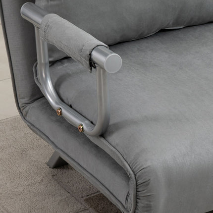 Adjustable light gray two-seater sofa bed with cushions