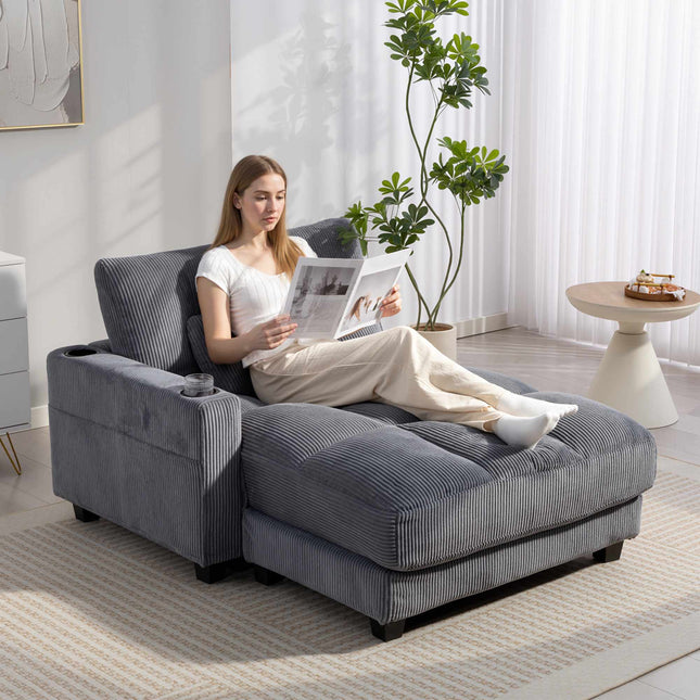 Sofa z funkcją spania, uchwyty na kubki, głębokie siedzisko, ciemnoszary przewód