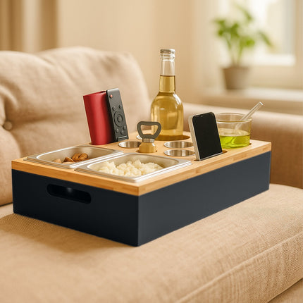 Sofa Snack Tray with Bamboo Bowls & Drink Holders