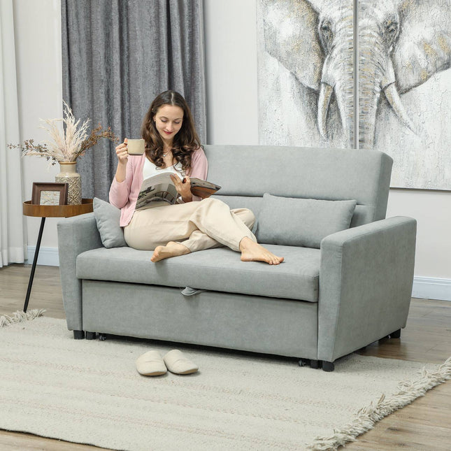 Sofa rozkładana, sofa 2-osobowa z funkcją spania, regulowane oparcie, kanapa z poduszkami, aksamitny wygląd, rozkładana sofa z pojemnikiem na łóżko do salonu, pokoju gościnnego, jasnoszary