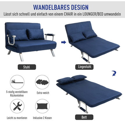 2-seater sofa bed in velvet look, blue upholstery, adjustable back