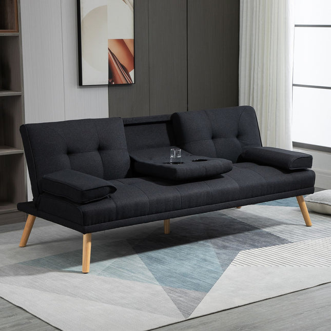 Sofa bed, 3-seater with folding table & cup holder, grey
