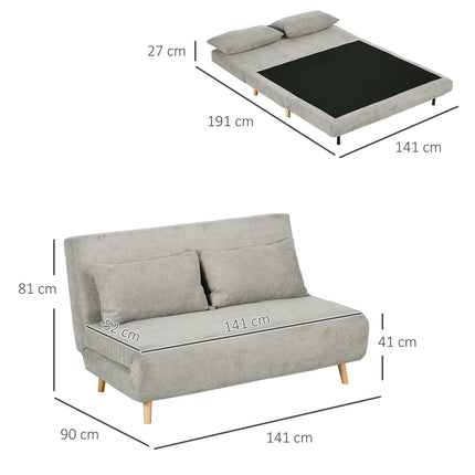 Gray velvet sofa bed with adjustable backrest, 141cm
