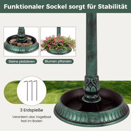 Solar Bird Bath with Feeder & Planter – LED Light, Green