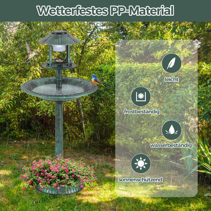Solar Bird Bath with Feeder & Planter – LED Light, Green