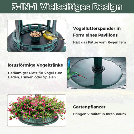 Solar Bird Bath with Feeder & Planter – LED Light, Green