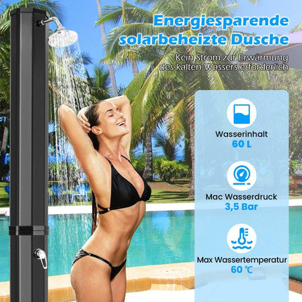 Solar-Heated Outdoor Shower, 60L, 360° Head, Black