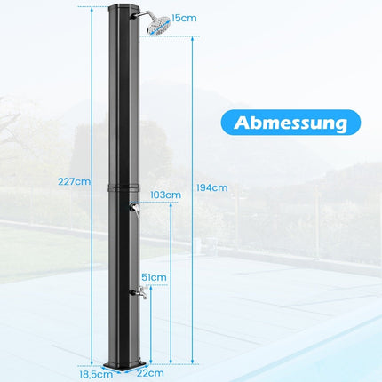 Solar-Heated Outdoor Shower, 60L, 360° Head, Black