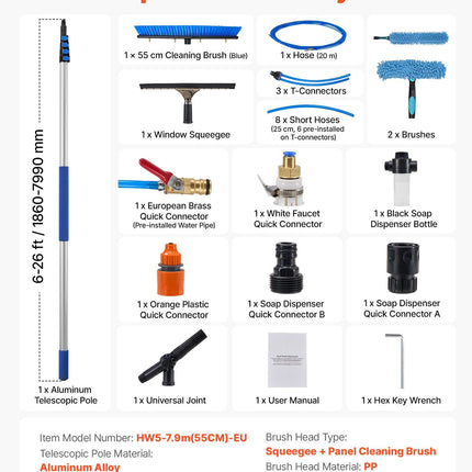 Solar Panel Cleaning Kit, 7.99 m Water-Fed Pole Brush
