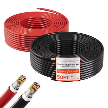 Solar Panel Extension Cable, 10 AWG, 15.24 m Red Black