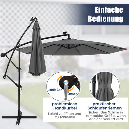 Solar-Powered Cantilever Umbrella, 300 cm, 40 LED Lights, Grey