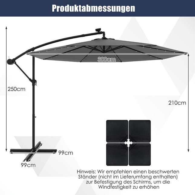Parasol z wysięgnikiem zasilany energią słoneczną, 300 cm, 40 diod LED, szary