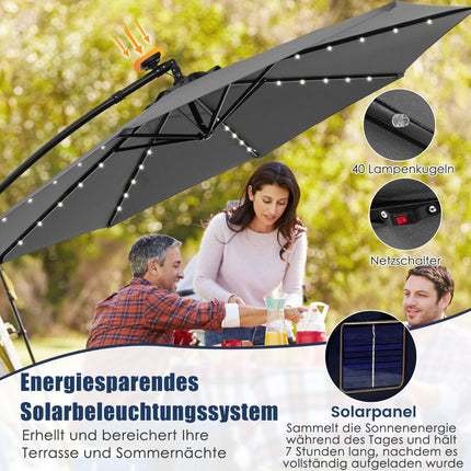 Solar-Powered Cantilever Umbrella, 300 cm, 40 LED Lights, Grey