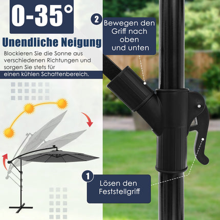Solar-Powered Cantilever Umbrella, 300 cm, 40 LED Lights, Grey