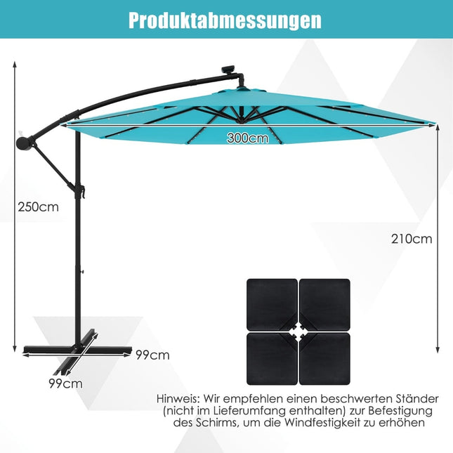 Parasol tarasowy zasilany energią słoneczną z oświetleniem LED, 300 cm, turkusowy
