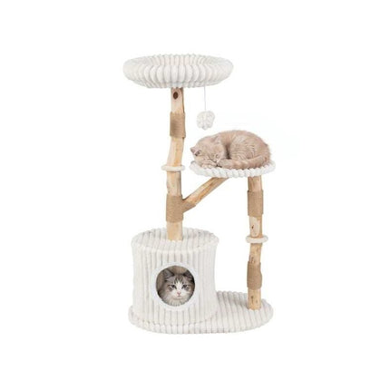 Solid Wood Cat Tree with Real Branches and Scratching Posts, 41 Inch, Beige