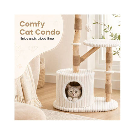 Solid Wood Cat Tree with Real Branches and Scratching Posts, 41 Inch, Beige