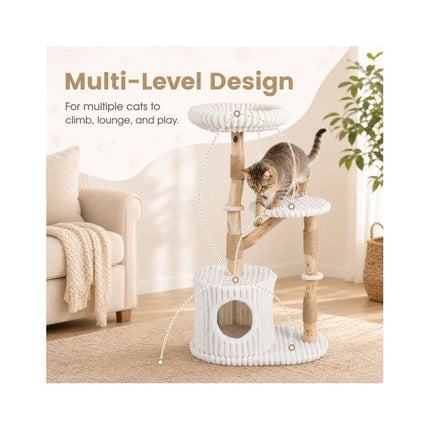 Solid Wood Cat Tree with Real Branches and Scratching Posts, 41 Inch, Beige