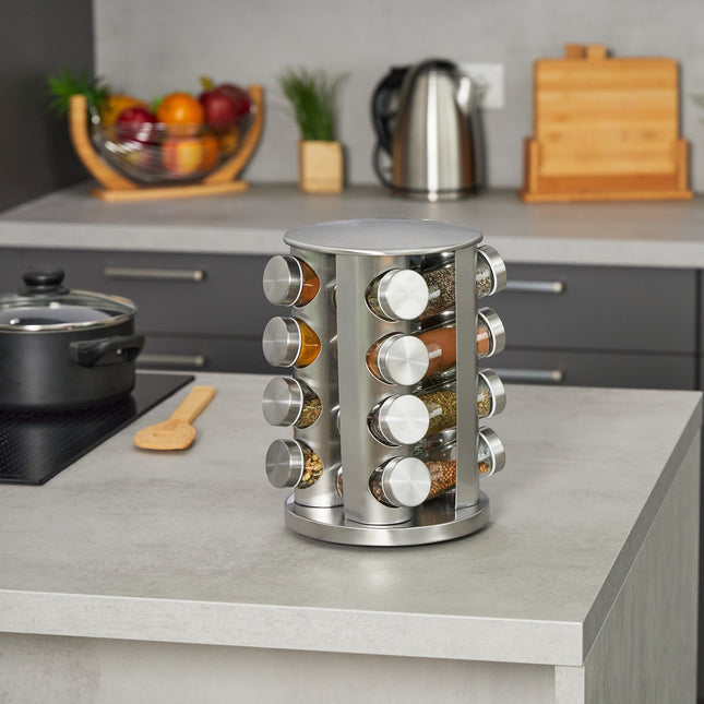Spice carousel in stainless steel with 16 glasses