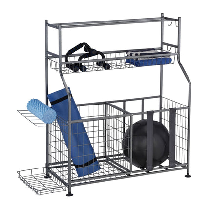 Sports Equipment Rack – Metal, 2 Baskets, Shelves