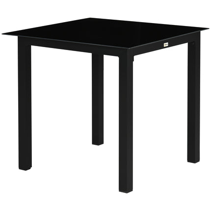 Square aluminum patio table, tempered glass top, seats 4