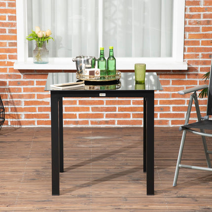 Square aluminum patio table, tempered glass top, seats 4