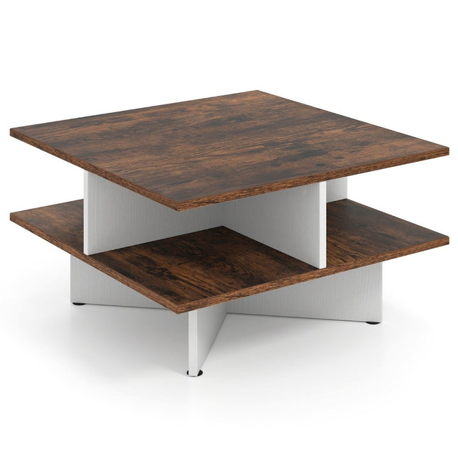 Vierkante houten salontafel met 4 opbergplanken, rustiek bruin