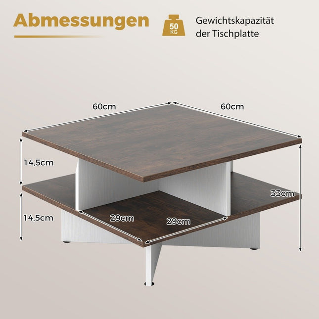 Vierkante houten salontafel met 4 opbergplanken, rustiek bruin