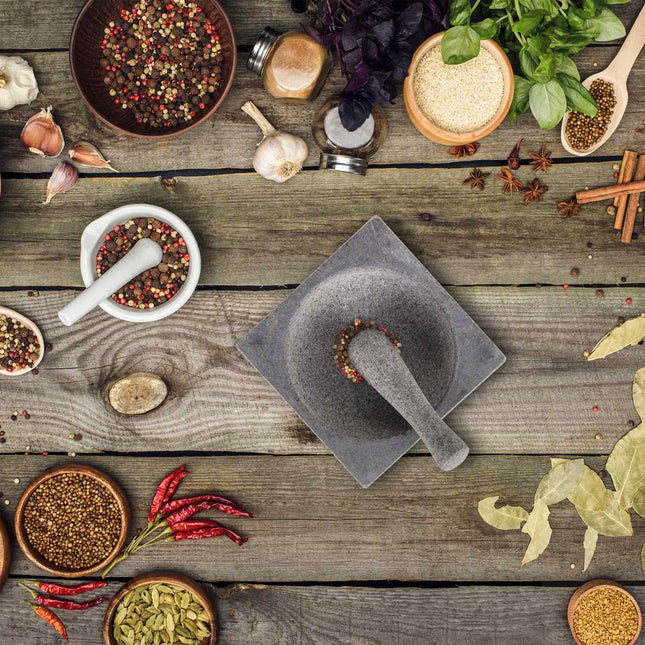 Square mortar and pestle of granite