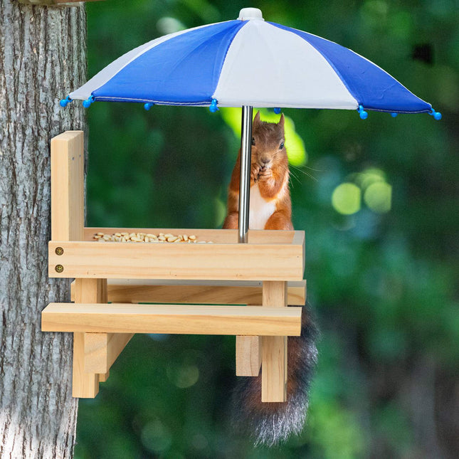Squirrel Picnic Table Feeder with 2 Umbrellas