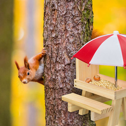 Squirrel Picnic Table Feeder with 2 Umbrellas