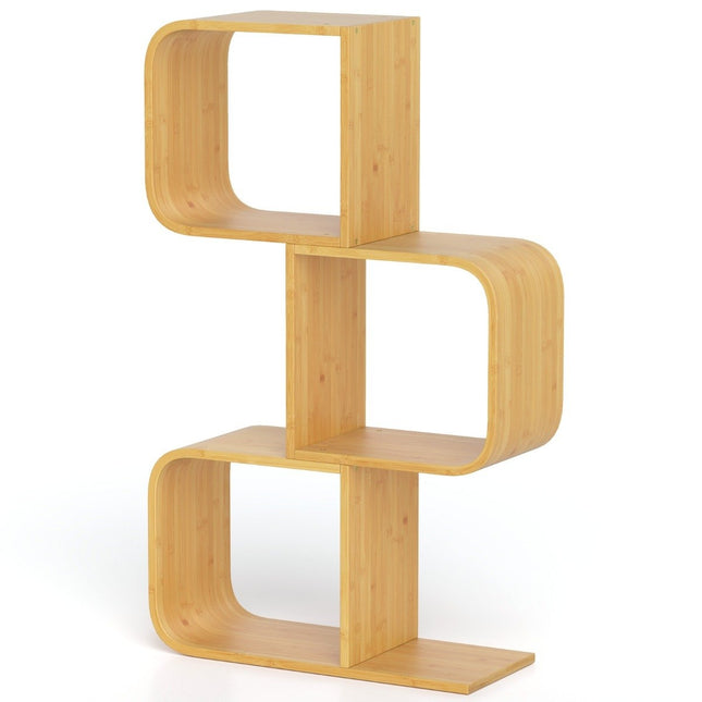 S-vormige bamboe boekenkast met 3 niveaus, staande plank, kubusplank, kantoorplank, 61 x 23 x 100 cm