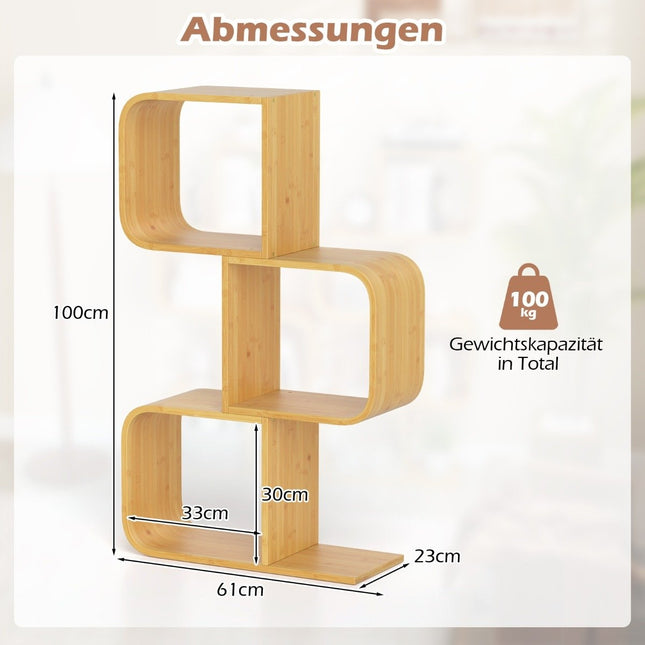S-vormige bamboe boekenkast met 3 niveaus, staande plank, kubusplank, kantoorplank, 61 x 23 x 100 cm
