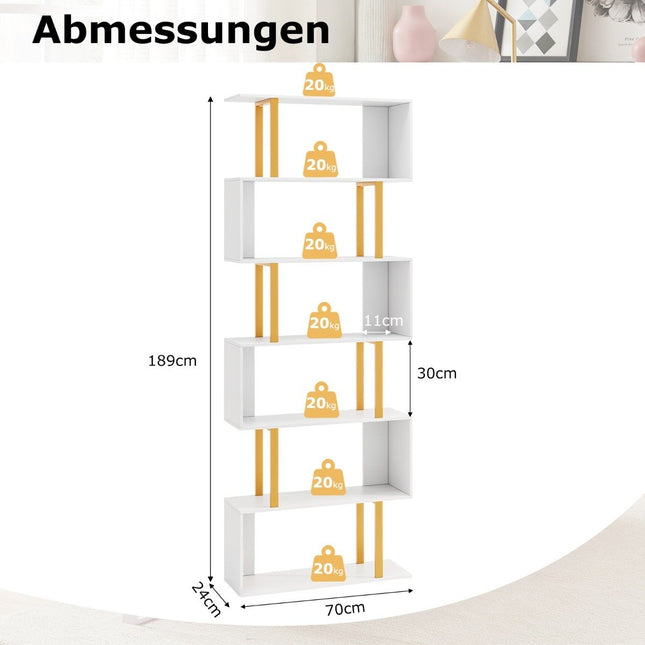 S-shaped bookcase with 6 levels standing shelf room divider storage shelf 70 x 24 x 189 cm