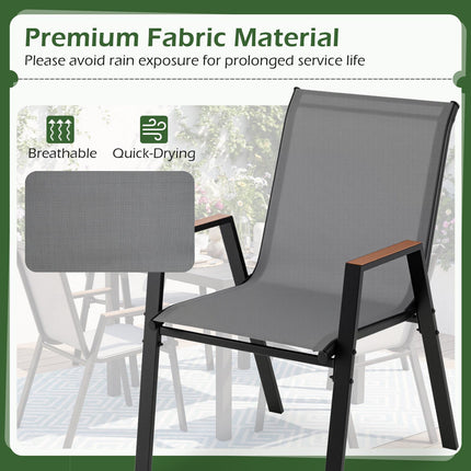 Stackable Garden Chairs Set of 6 in Teslin Fabric, Grey, Wood-Plastic Armrests
