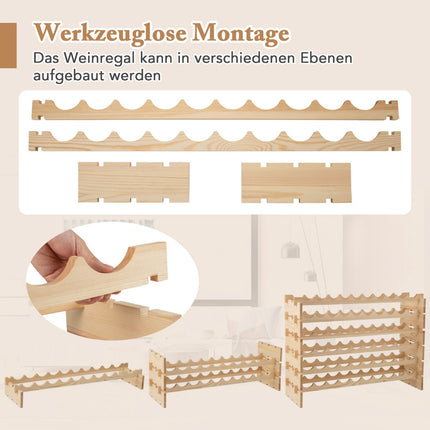 Stackable Modular Wine Rack, Holds 60 Bottles, Pine Wood