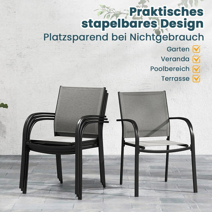 Stackable Outdoor Chairs, Set of 2, Metal & Textilene, Gray