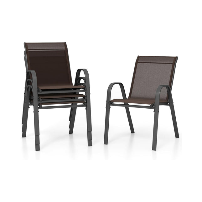 Stackable Outdoor Chairs Set of 4, Metal Frame, Brown